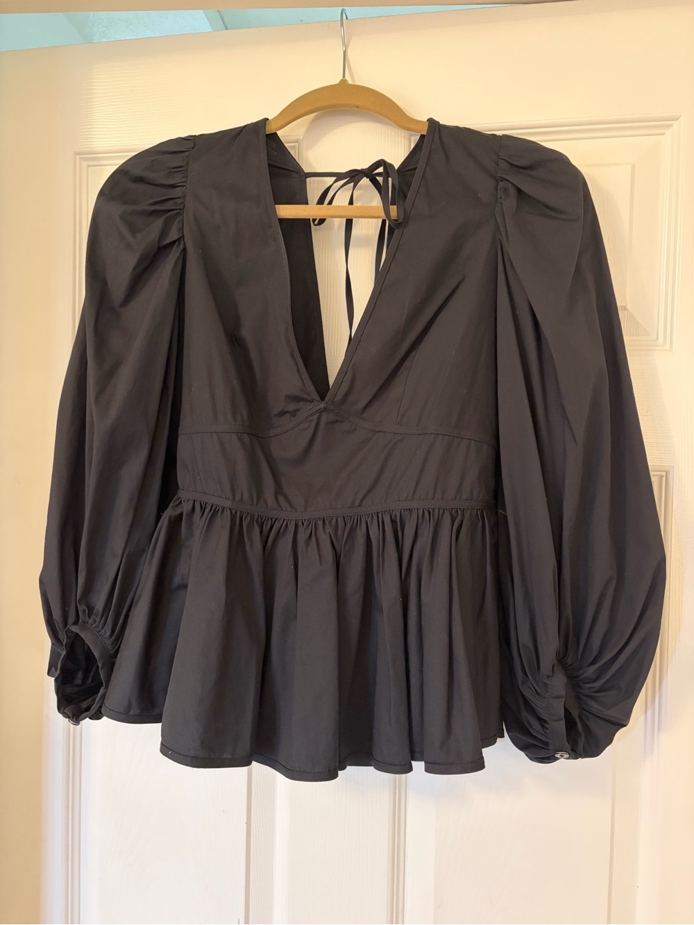 STAUD Luna Black Poplin Peplum Top